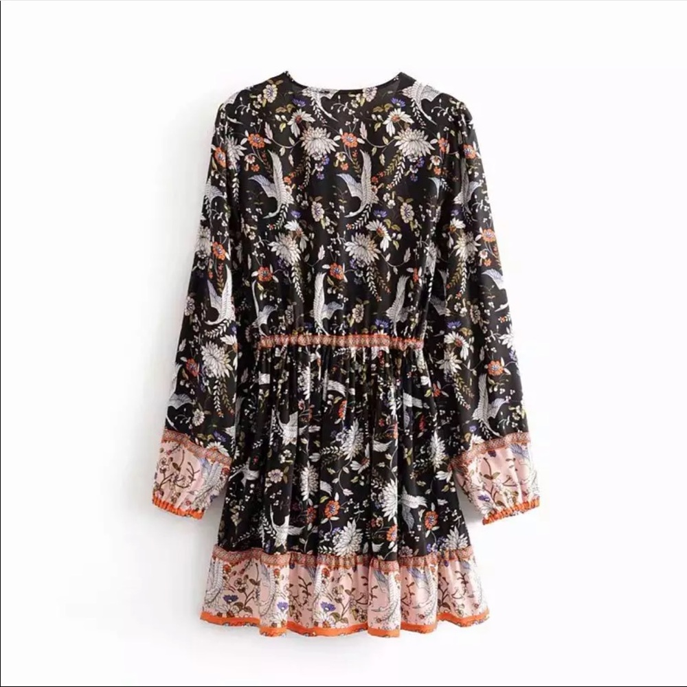 Boho Floral Crane Gypsy Print Dress Black Orange - Picture 6 of 13